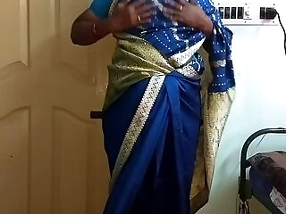 des indian horny cheating tamil telugu kannada malayalam hindi wife vanitha dressed in blue colour saree  showing big boobs and shaved pussy press hard boobs press nip rubbing pussy masturbation